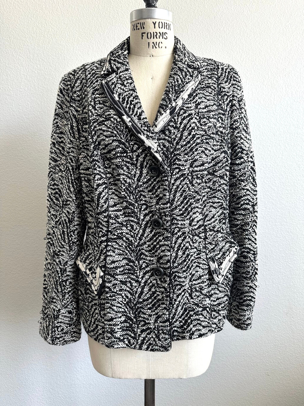 Rena Lange Rare Vintage Tweed Blazer Jacket Black White Wool Silk Size 16